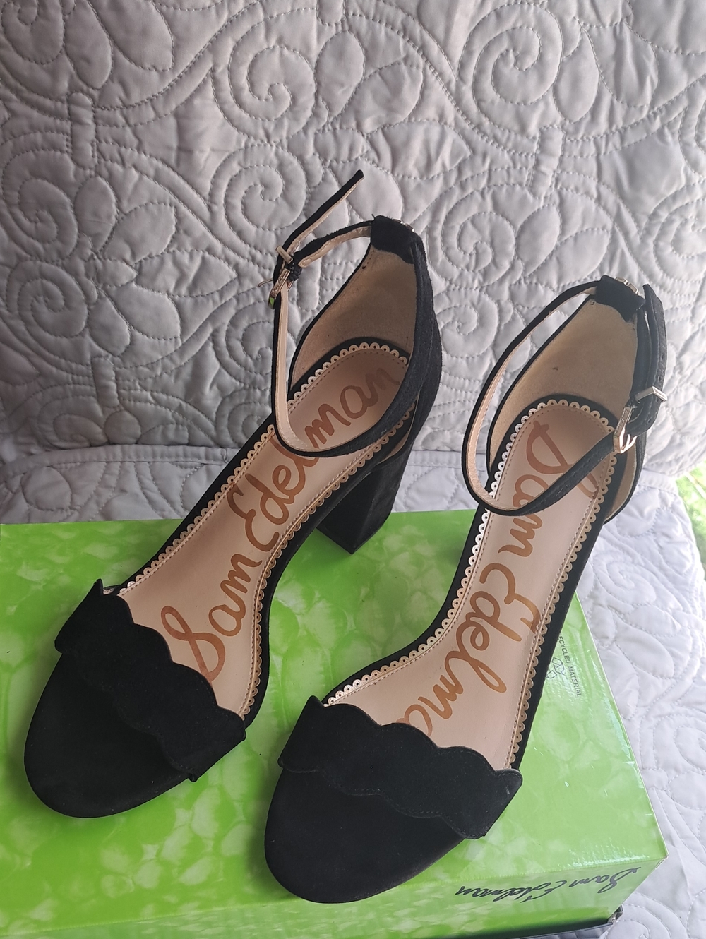 Sam Edelman Black Suede Scalloped Ankle-Strap Block Heels